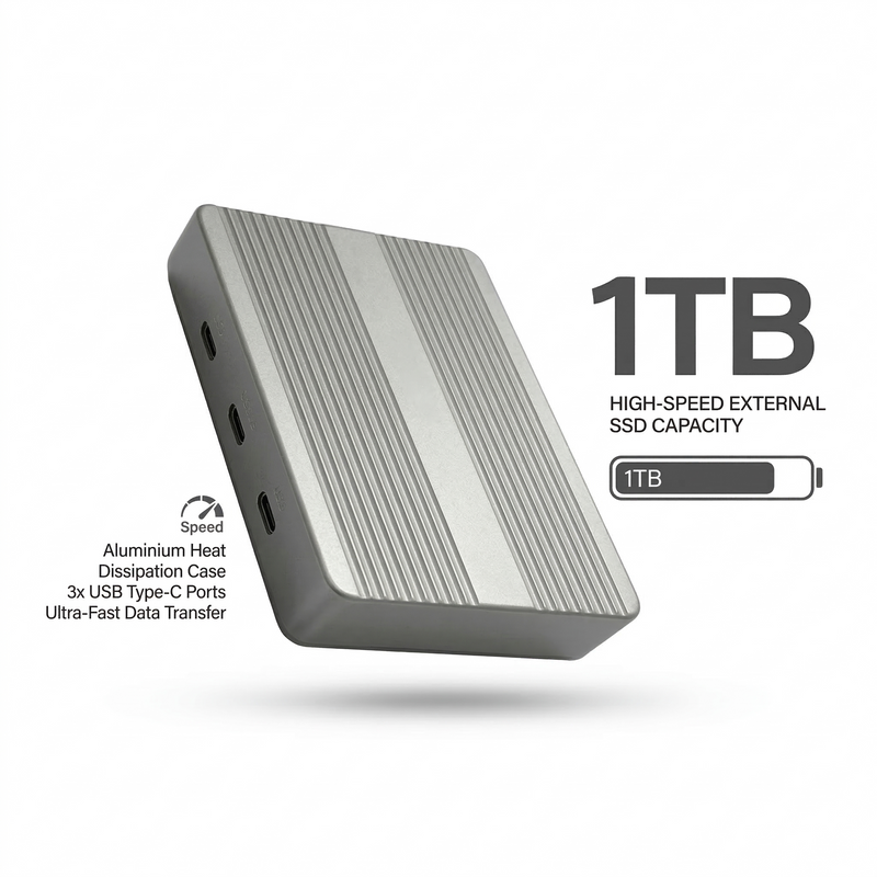 Dual-Bay-SSD-Gehäuse mit Partitionskontrolle und aktiver Kühlung.